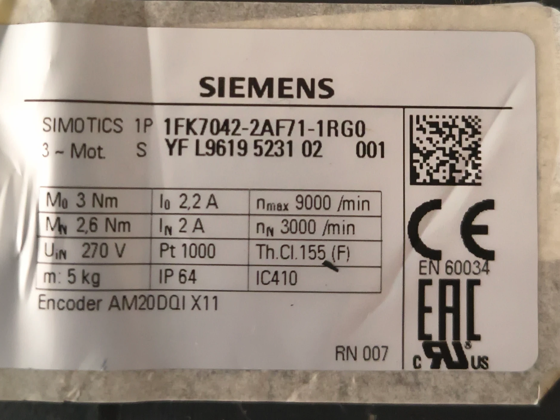 Siemens 1FK7042-2AF71-1RG0 SIMOTICS s-1FK7 Synchronous Motor, 0.82 KW, 3000 RPM — PLCs